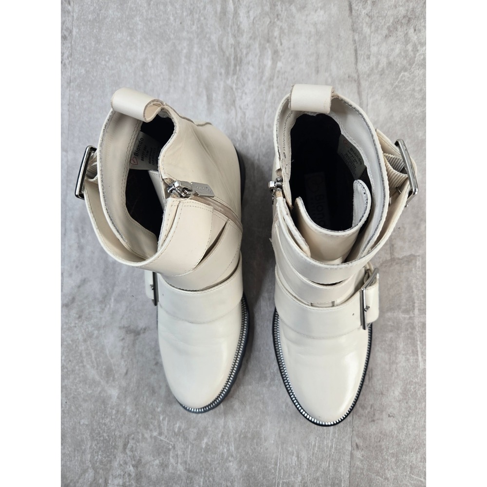 Blondo Waterproof Moto Boots 7.5 Off White Leather Triple Buckle Lug Sole Biker - Picture 2 of 10